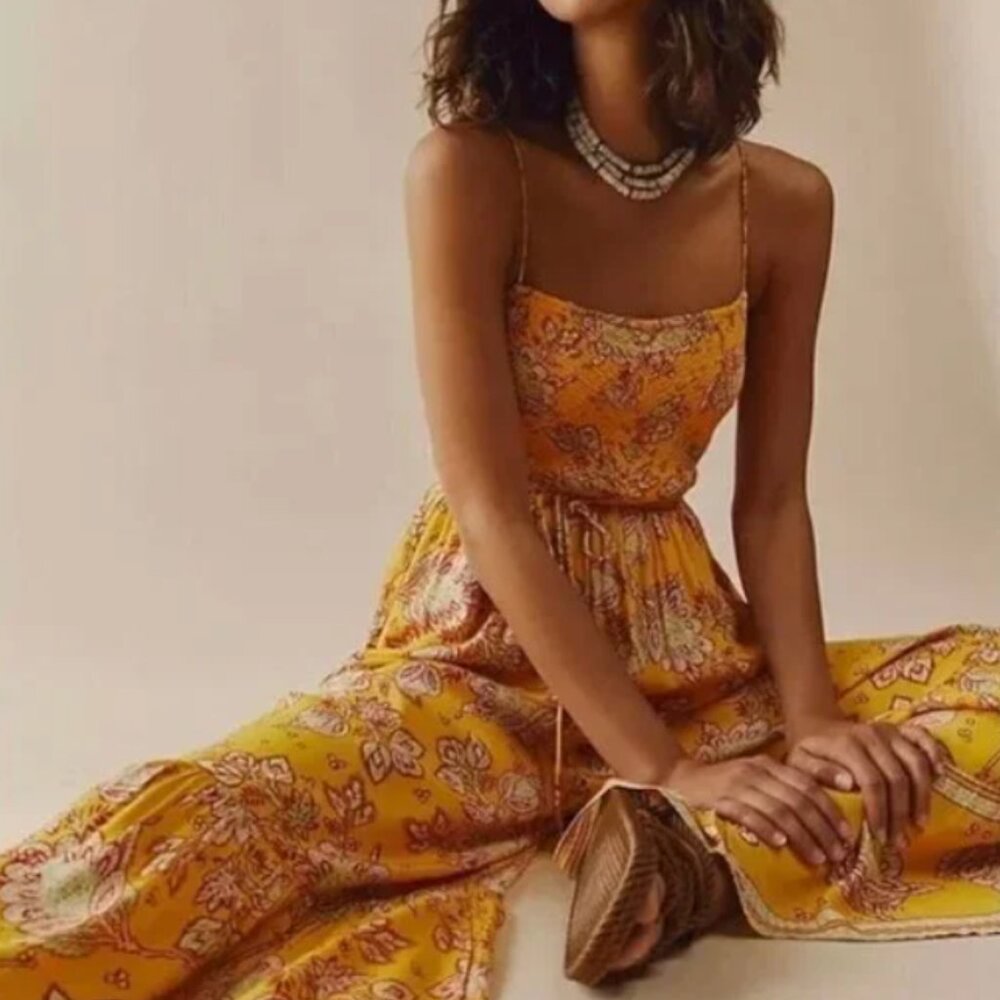 Free People:  Flowy Floral Smocked Jumpsuit, Size XS, Golden Yellow - Picture 2 of 11